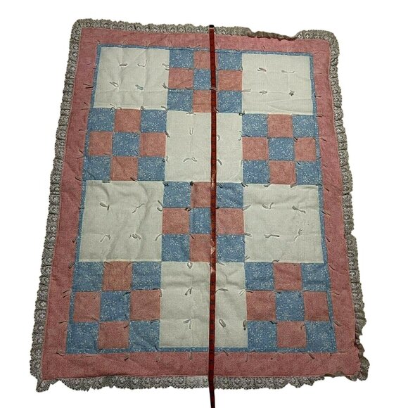 Vintage Handmade Patchwork Quilt With Lace Trim Pink Blue 45" X 35" Baby - Picture 6 of 7